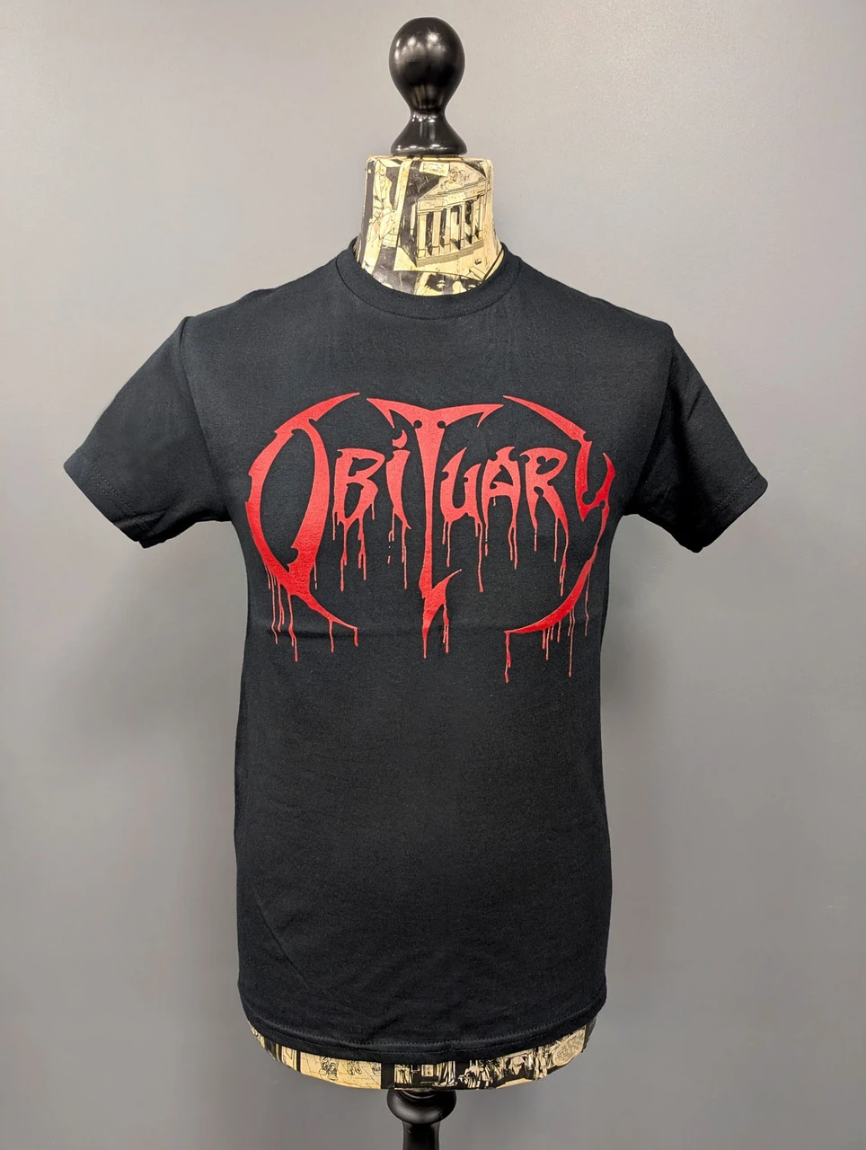 Obituary 'Cause of Death Logo' (Black) T-Shirt on a mannequin