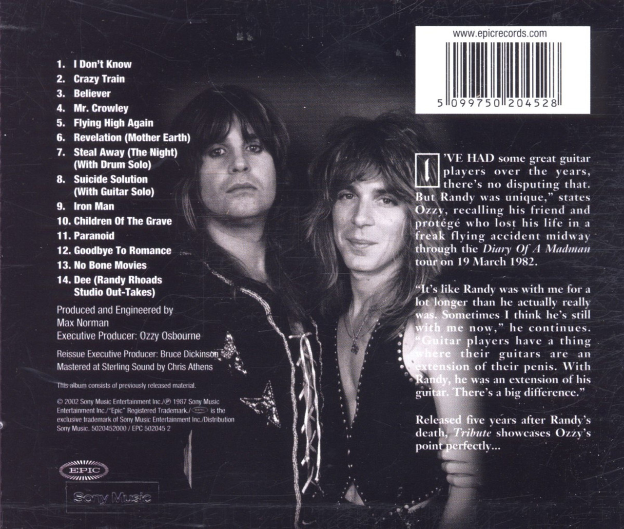 Ozzy Osbourne 'Tribute' CD Jewel Case