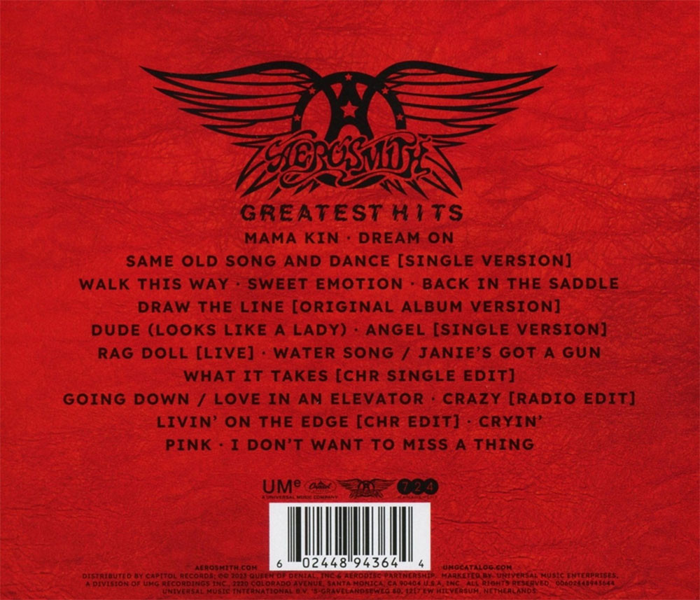 Aerosmith 'Greatest Hits' CD Jewel Case Back