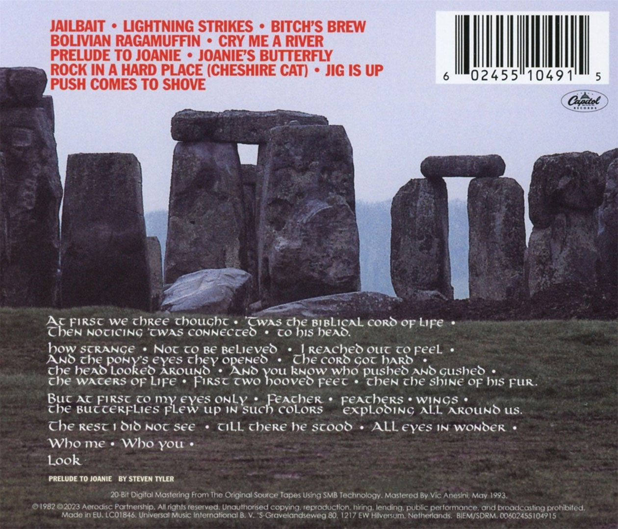 Aerosmith 'Rock In A Hard Place' CD Jewel Case Back