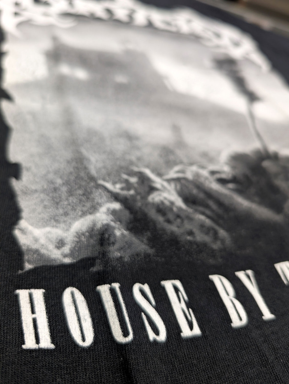 Mortician 'House By The Cemetery' (Black) T-Shirt print close up detail 2