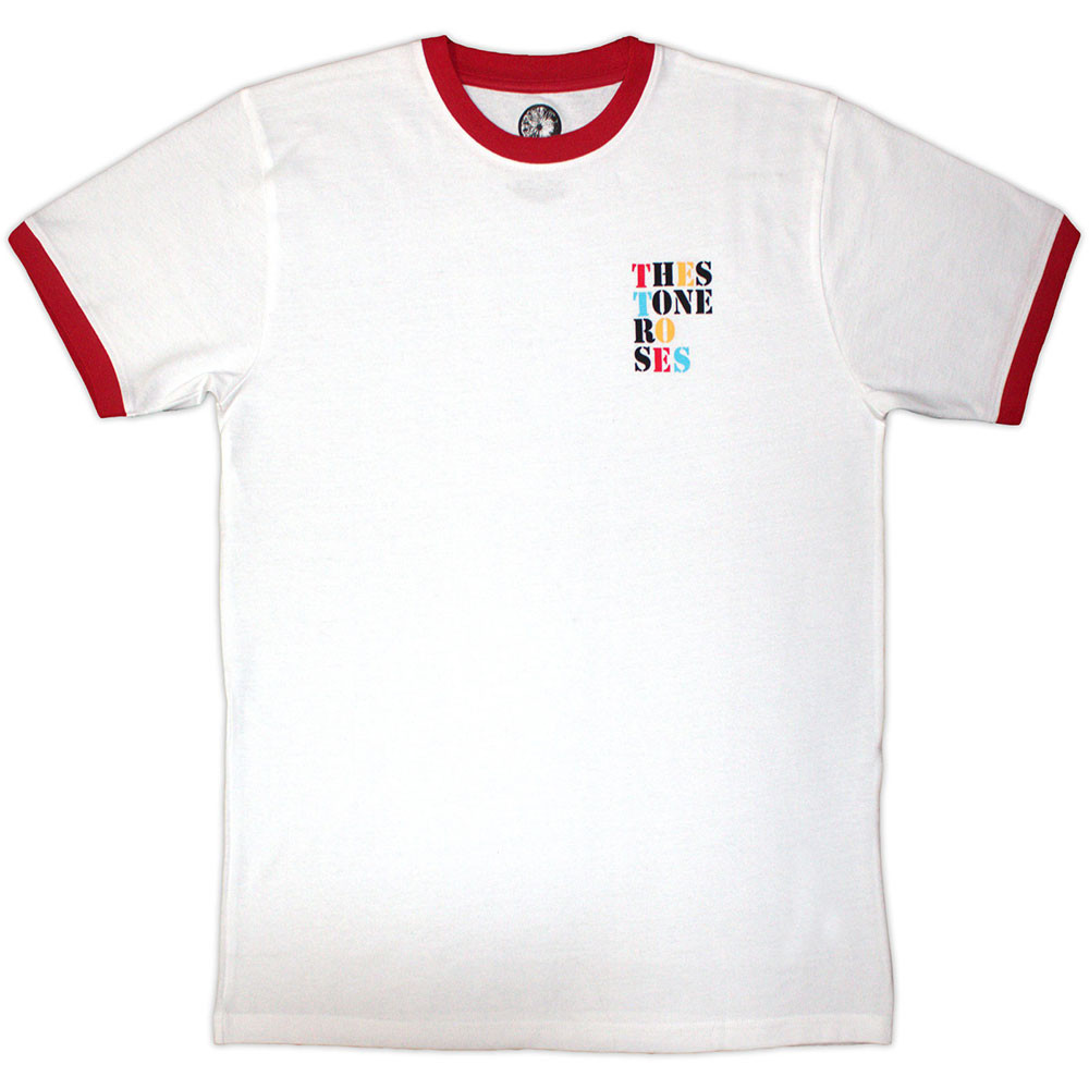 The Stone Roses 'Side Text Ringer' (White & Red) Eco Ringer T-Shirt