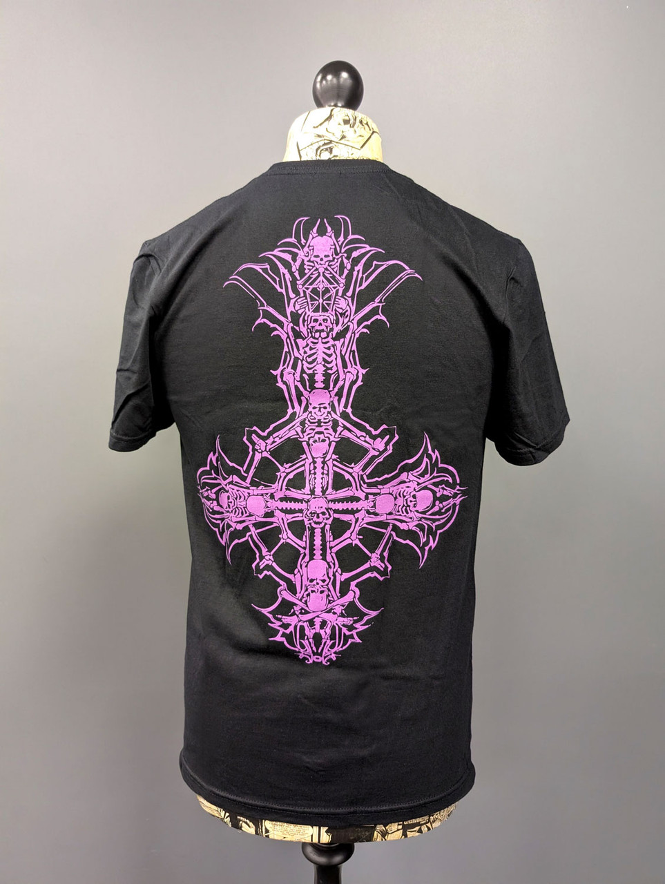 Ghost 'Metal Logo & Purple Grucifix' (Black) T-Shirt - Eye Drop Select on a mannequin back