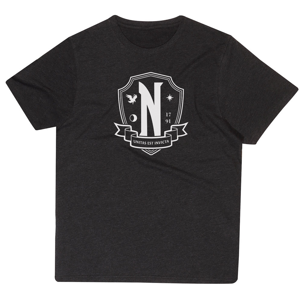 Wednesday 'Nevermore White Emblem' (Heather Black) T-Shirt