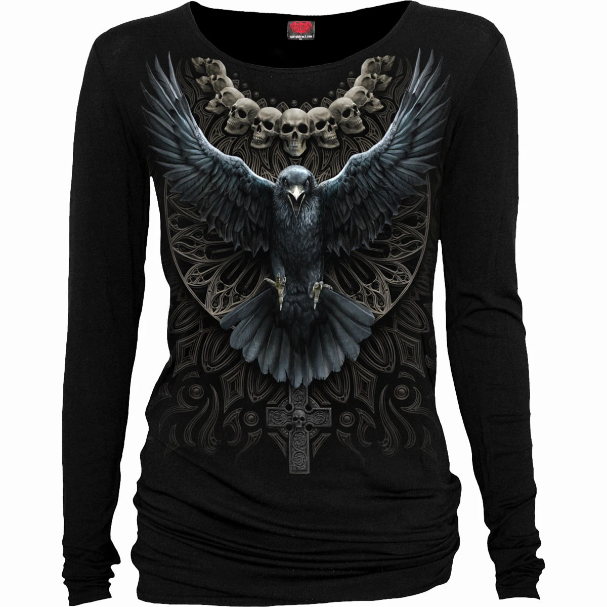 Spiral 'Raven Skull' (Black) Womens Fitted Long Sleeve Baggy T-Shirt