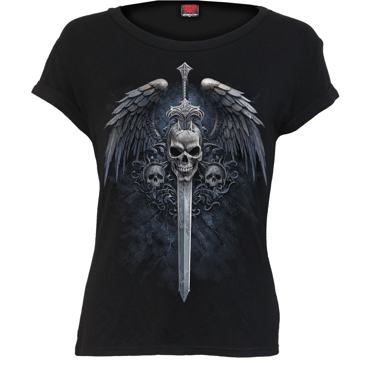 Spiral 'Angel Sword' (Black) Womens Fitted Boatneck Bat Sleeve Top
