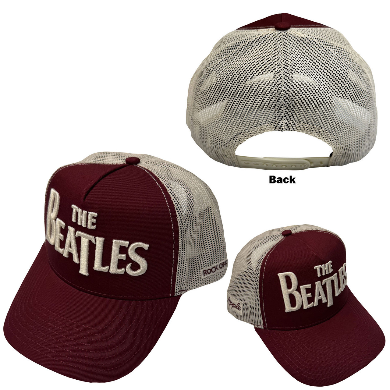 The Beatles 'Drop T Logo & Apple' (Maroon Red & Natural) Trucker Cap