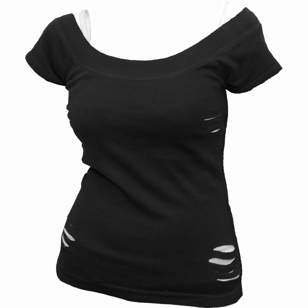 Spiral 'Plain' (Black & White) Womens Fitted 2-in-1 Ripped Top