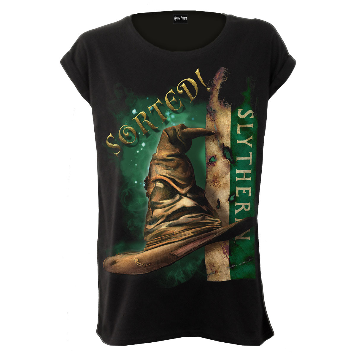 Harry Potter 'Slytherin Hat' (Black) Womens Fitted Boatneck Cap Sleeve T-Shirt