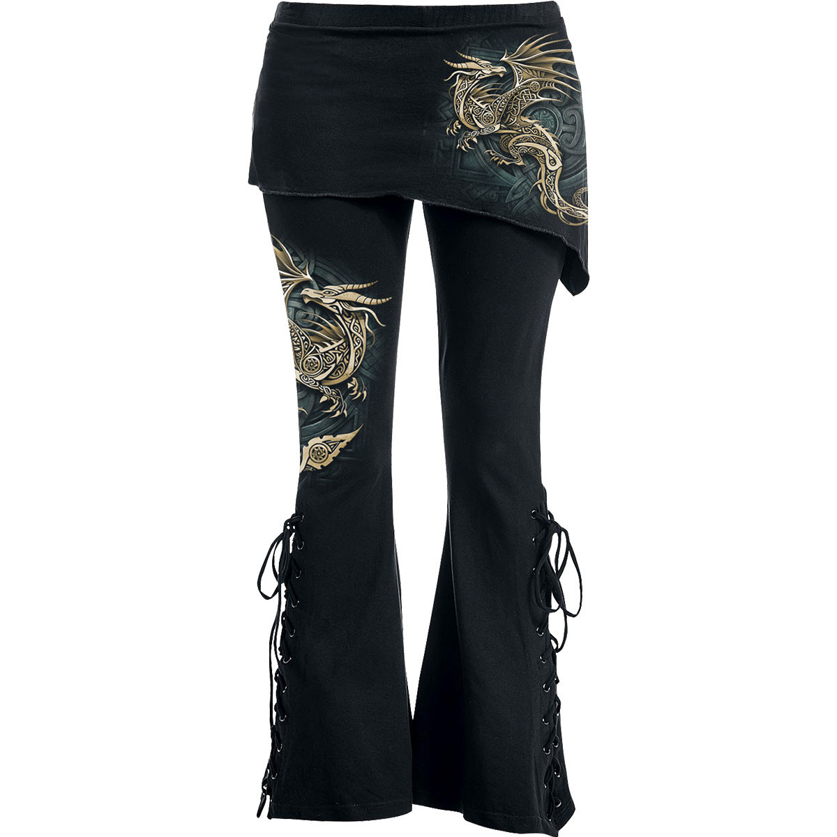 Spiral 'Celtic Dragon' (Black) Womens Fitted Boot Cut Leggings with Micro Skirt