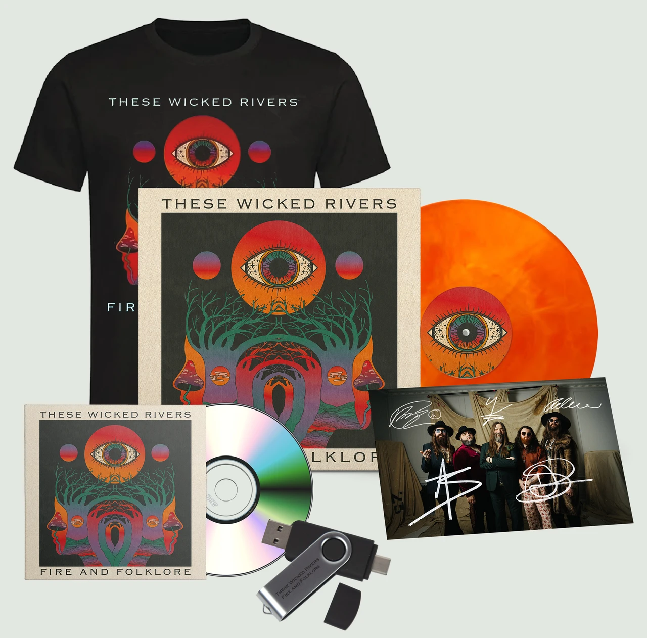 These Wicked Rivers 'Fire And Folklore' LP Fire Vinyl, USB, CD & Black T-Shirt Bundle + Exclusive Signed Photo Card