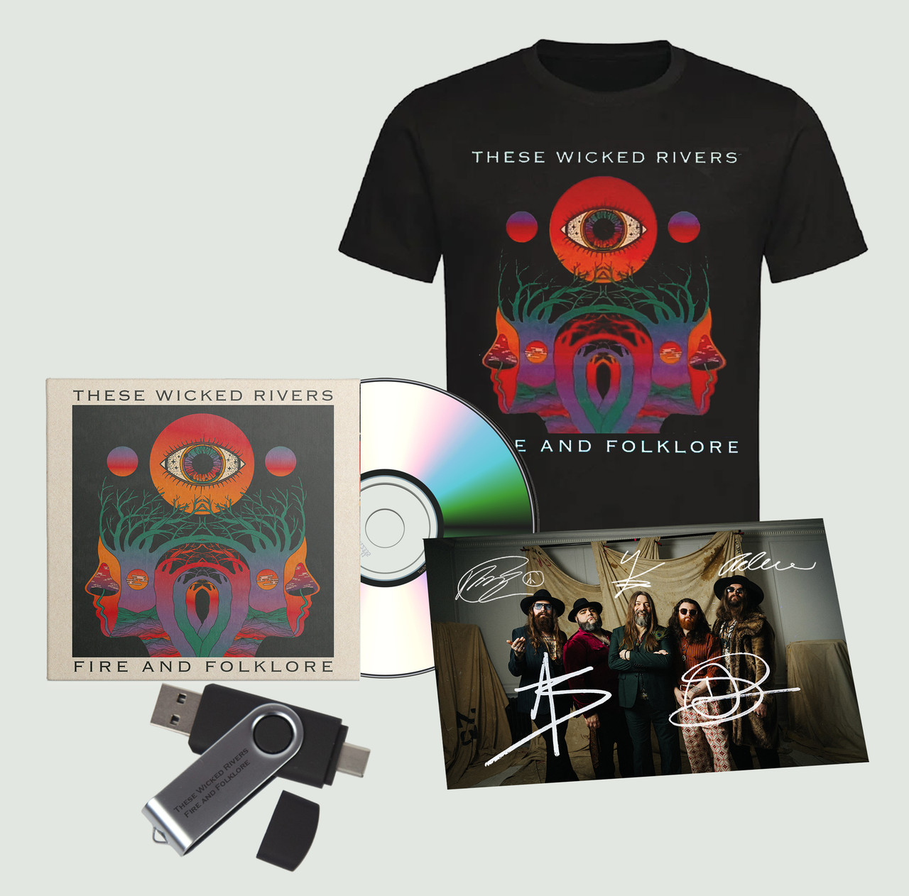 These Wicked Rivers 'Fire And Folklore' USB, CD & Black T-Shirt Bundle + Exclusive Signed Photo Card