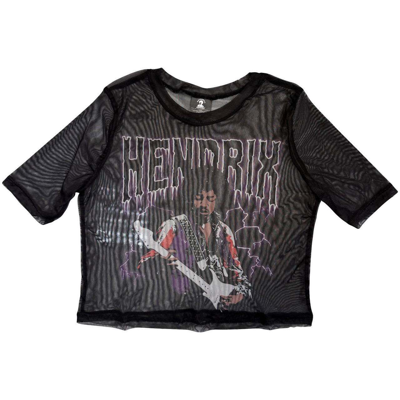Jimi Hendrix 'Lightning' (Black) Womens Fitted Mesh Crop Top