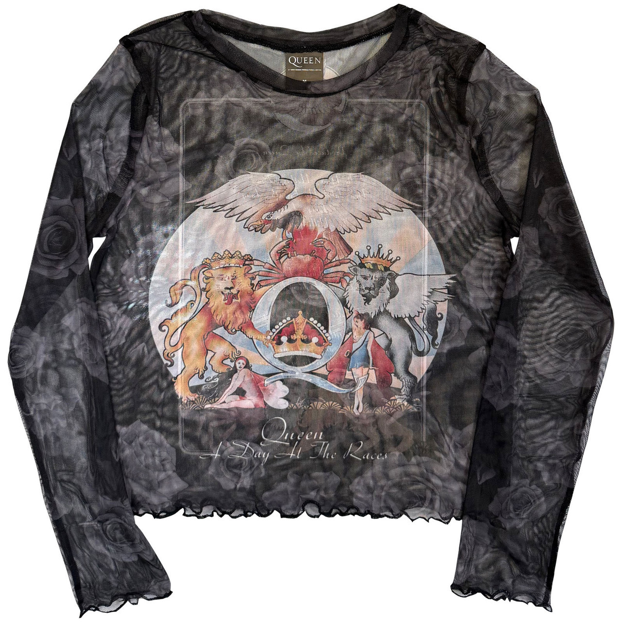 Queen 'A Day At The Races' (Black) Womens Fitted Long Sleeve Mesh Crop Top