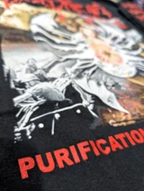 Dying Fetus 'Purification Through Violence' (Black) Long Sleeve Shirt close up of front print