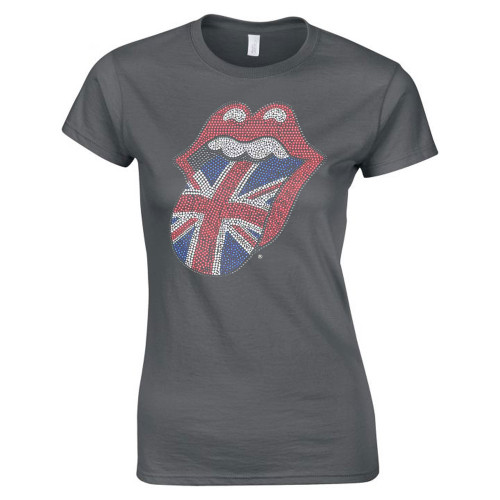 The Rolling Stones 'Classic UK Tongue Diamante' (Charcoal Grey) Womens Fitted T-Shirt
