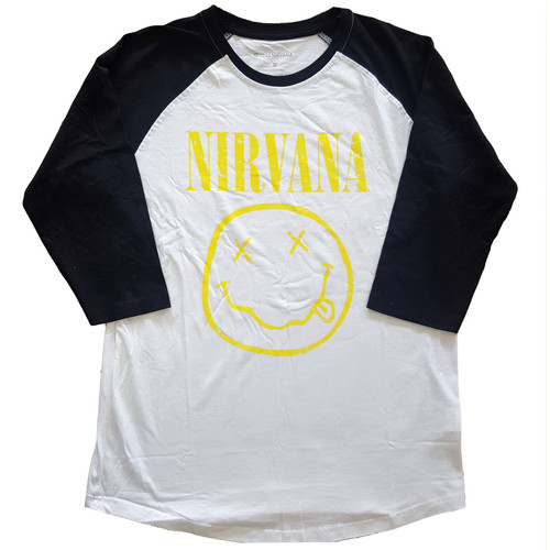 Nirvana 'Yellow Happy Face' (Black & White) Raglan Baseball Shirt