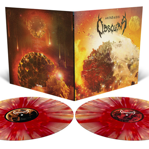 Obscura 'Akroasis' 2LP Red Mustard Yellow Bone White Three Colour Merge with Blood Red Neon Yellow Bone White Splatter Vinyl