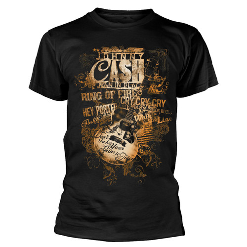 Johnny Cash 'Guitar Song Titles' (Black)  T-Shirt