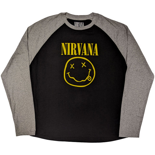 Nirvana 'Yellow Happy Face' (Black & Grey) Long Sleeve Eco Raglan Shirt