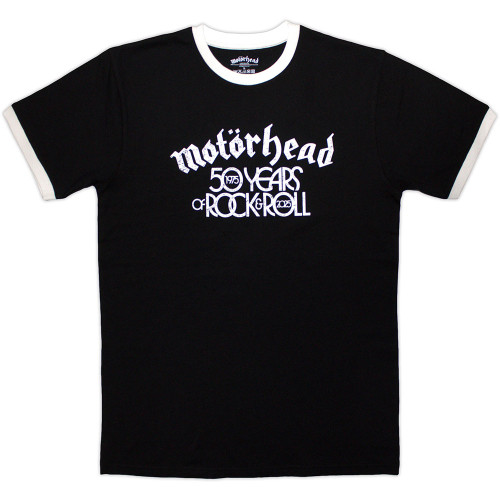Motorhead '50 Years Text Lock Up Ringer' (Black & White) Eco Ringer T-Shirt