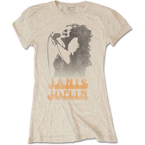 Janis Joplin 'Working The Mic' (Sand) Womens Fitted T-Shirt