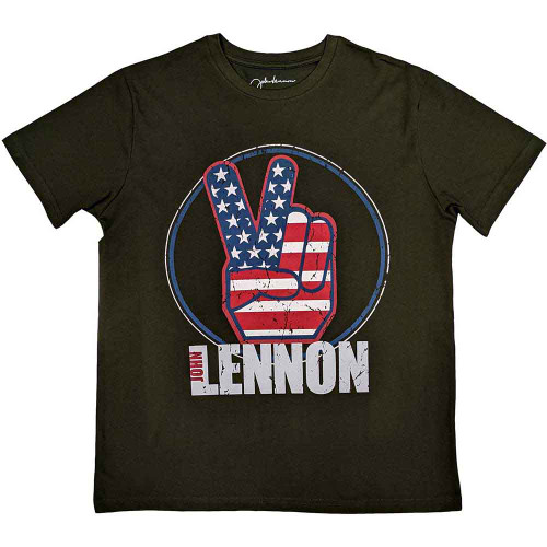 John Lennon 'Peace Fingers US Flag' (Military Green) T-Shirt