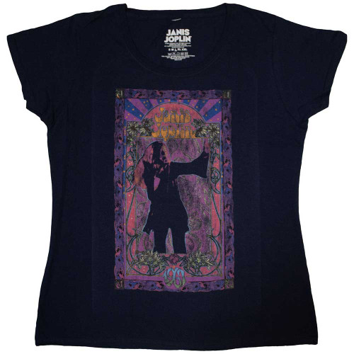 Janis Joplin 'Paisley & Flowers Frame' (Navy Blue) Womens Fitted T-Shirt