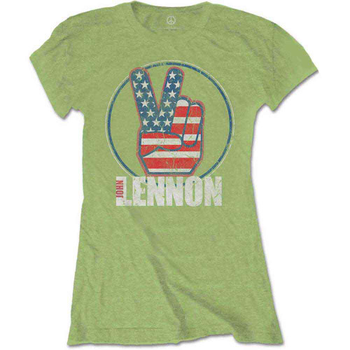 John Lennon 'Peace Fingers US Flag' (Kiwi Green) Womens Fitted T-Shirt