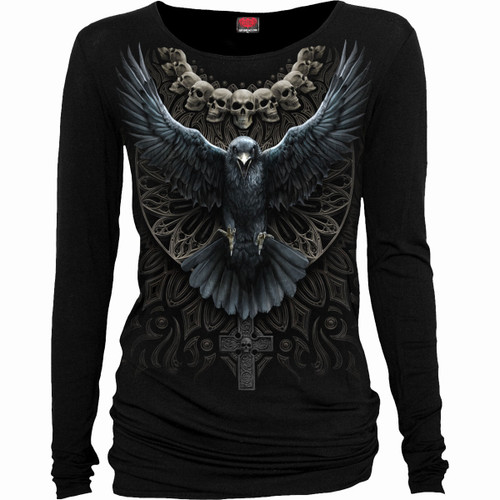 Spiral 'Raven Skull' (Black) Womens Fitted Long Sleeve Baggy T-Shirt
