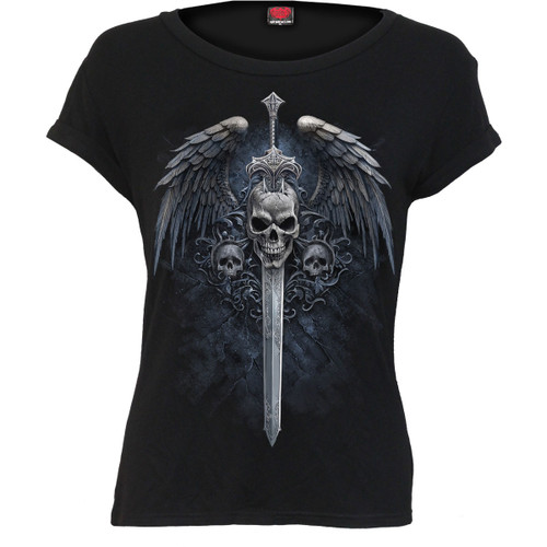 Spiral 'Angel Sword' (Black) Womens Fitted Boatneck Bat Sleeve Top