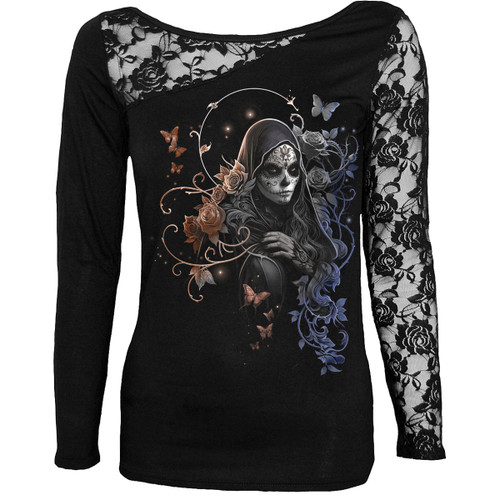 Spiral 'Gothic Grace' (Black) Womens Fitted Lace One Shoulder Top