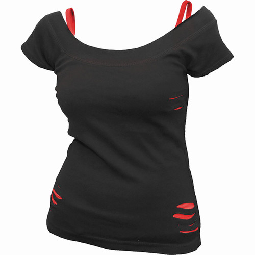 Spiral 'Plain' (Black & Red) Womens Fitted 2-in-1 Ripped Top