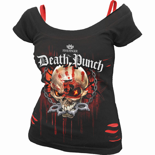 Five Finger Death Punch 'Assassin' (Black & Red) Womens Fitted 2-in-1 Ripped Top