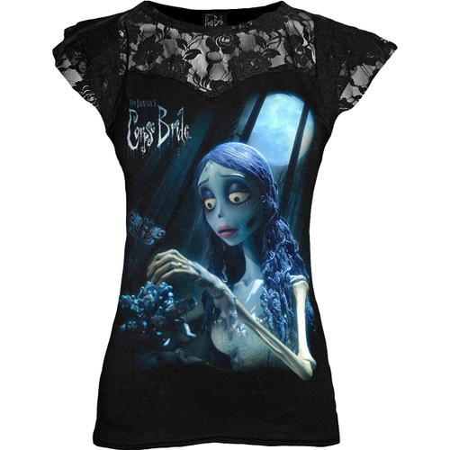 Corpse Bride 'Glow In The Dark' (Black) Womens Fitted Lace Layered Cap Sleeve Top