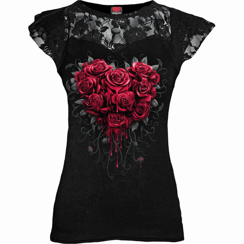 Spiral 'Bleeding Heart' (Black) Womens Fitted Lace Layered Cap Sleeve Top