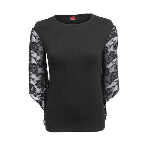 Spiral 'Plain' (Black) Womens Fitted Rose Lace Sleeve Top