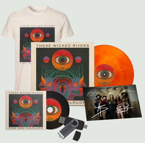 These Wicked Rivers 'Fire And Folklore' LP Fire Vinyl, USB, CD & White T-Shirt Bundle + Exclusive Signed Photo Card
