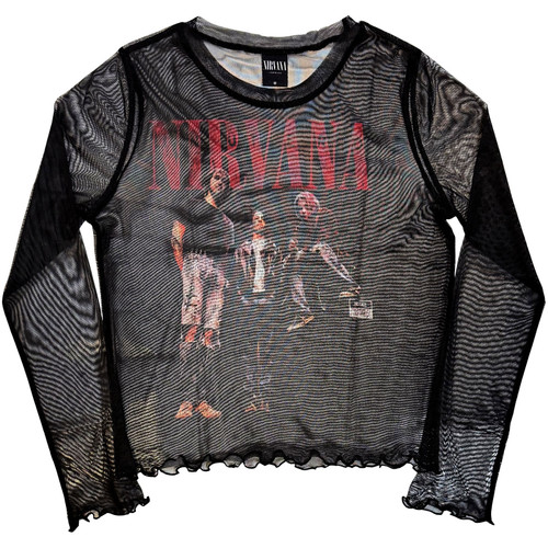 Nirvana 'In Utero Band Photo' (Black) Womens Fitted Long Sleeve Mesh Crop Top