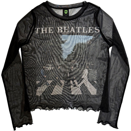 The Beatles 'Abbey Road & Logo' (Black) Womens Fitted Long Sleeve Mesh Crop Top