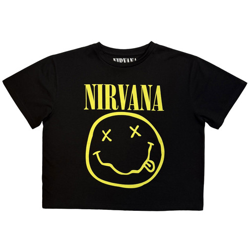 Nirvana 'Yellow Happy Face' (Black) Womens Fitted Crop Top