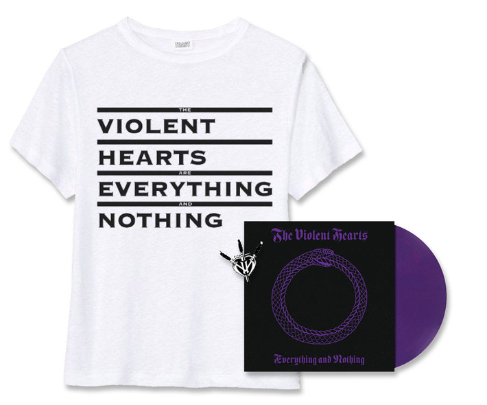 The Violent Hearts 'Everything and Nothing' (White) T-Shirt Purple Vinyl and Pin Badge Bundle