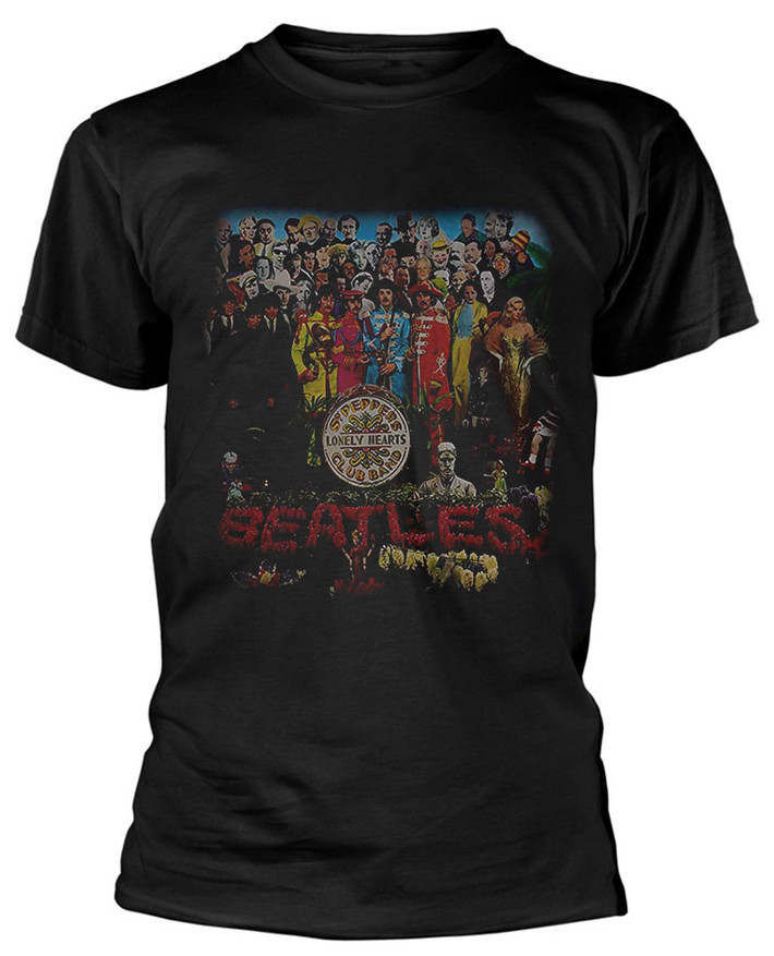 The Beatles 'Sgt Pepper Faded' (Black) T-Shirt Front
