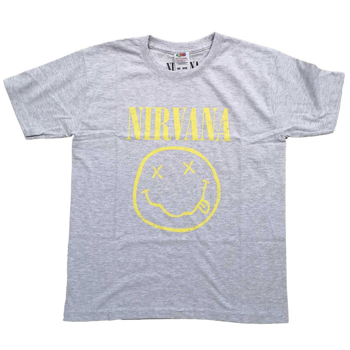 Nirvana 'Yellow Happy Face' (Grey) Kids T-Shirt