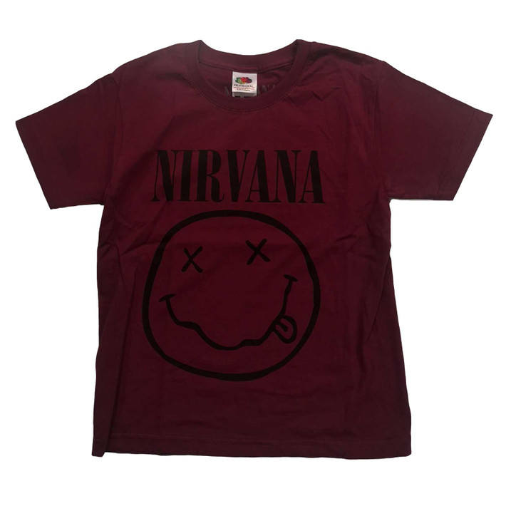 Nirvana 'Grey Happy Face' (Maroon) Kids T-Shirt