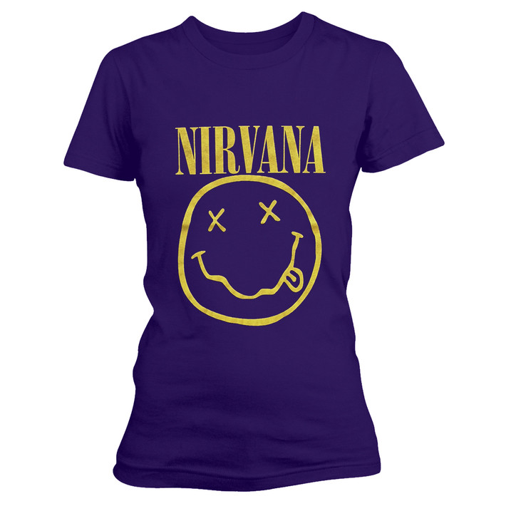 Nirvana 'Yellow Happy Face' (Purple) Womens Fitted T-Shirt