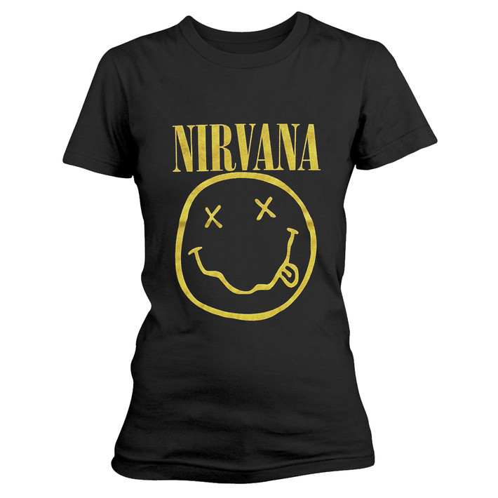 Nirvana 'Yellow Happy Face' (Black) Womens Fitted T-Shirt