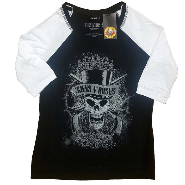 Guns N' Roses 'Faded Skull' (Black & White) Womens Raglan Shirt
