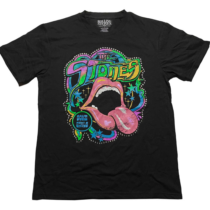 The Rolling Stones 'Some Girls Neon Tongue Diamante' (Black) T-Shirt