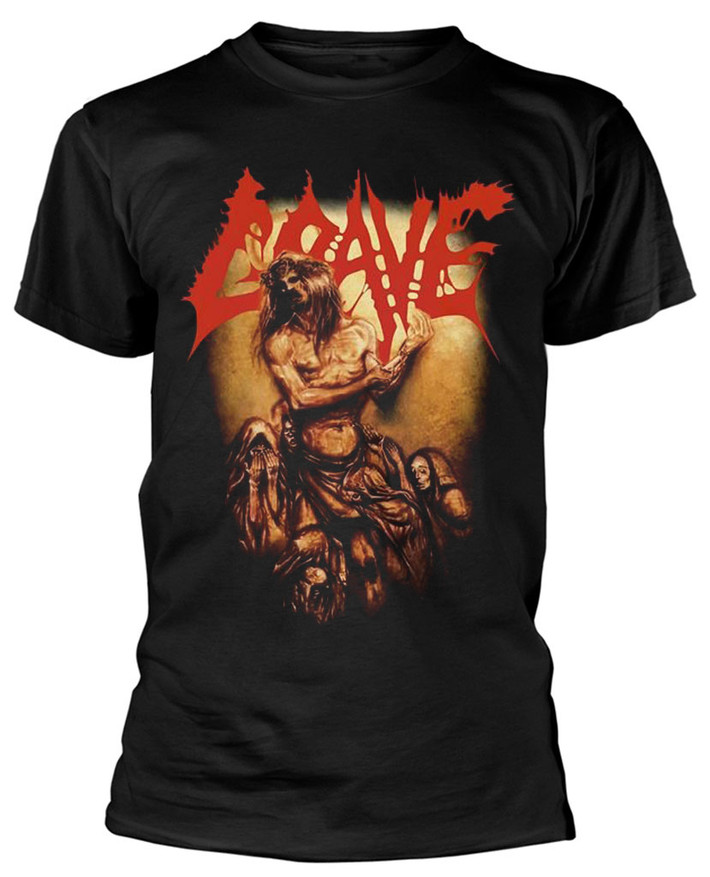 Grave 'And Here I Die... Satisfied' (Black) T-Shirt Front